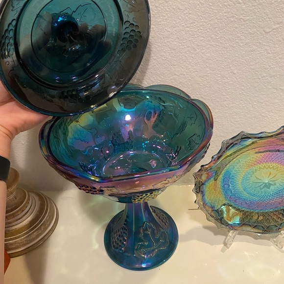 Vintage Indiana Glass 'Blue Harvest' Grape Cluster Pedestal Candy Dish & Plate - Picture 6 of 11